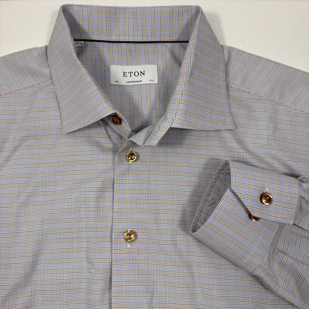 Eton Contemporary Plaid Buttondown Blue Tan Men’s XL 44 17.5 Neck Dress Shirt